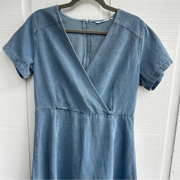 Prairie Cottagecore Denim Cotton Short Sleeved V-Neck Wrap Bust Midi Dress / M - Picture 3 of 10